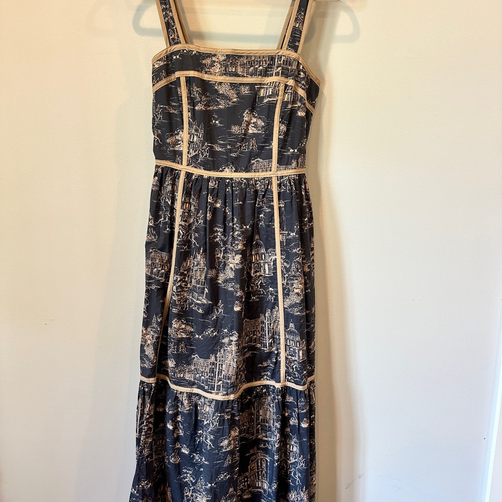 entro Navy Scenic Print Maxi Dress with Cream Trim